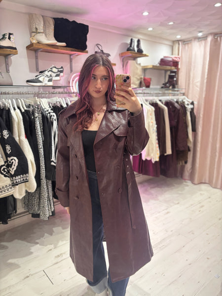 Faux Leather Belted Trench Coat | Deep Burgundy