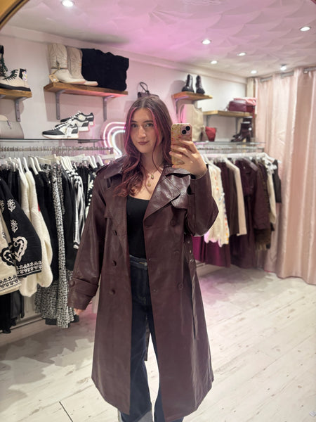 Faux Leather Belted Trench Coat | Deep Burgundy