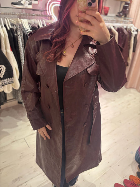 Faux Leather Belted Trench Coat | Deep Burgundy