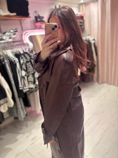 Faux Leather Belted Trench Coat | Deep Burgundy