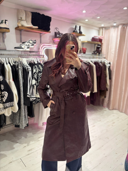 Faux Leather Belted Trench Coat | Deep Burgundy