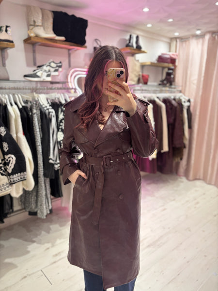 Faux Leather Belted Trench Coat | Deep Burgundy