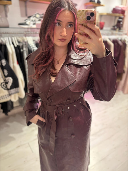 Faux Leather Belted Trench Coat | Deep Burgundy