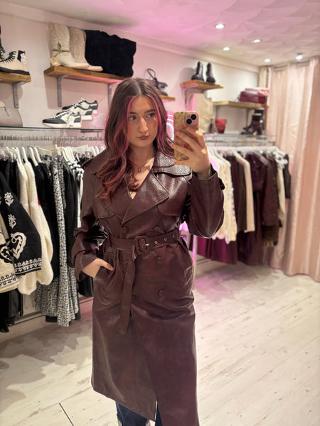 Faux Leather Belted Trench Coat | Deep Burgundy