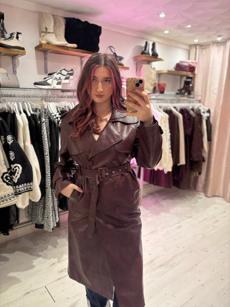 Faux Leather Belted Trench Coat | Deep Burgundy