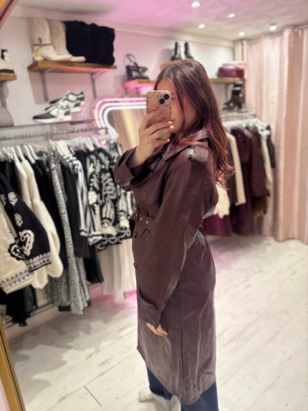 Faux Leather Belted Trench Coat | Deep Burgundy