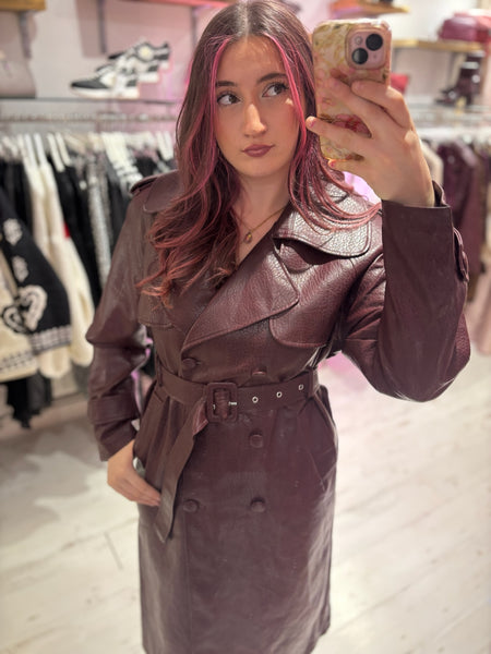 Faux Leather Belted Trench Coat | Deep Burgundy