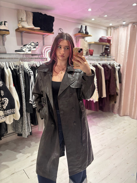 Faux Leather Belted Trench Coat | Deep Brown