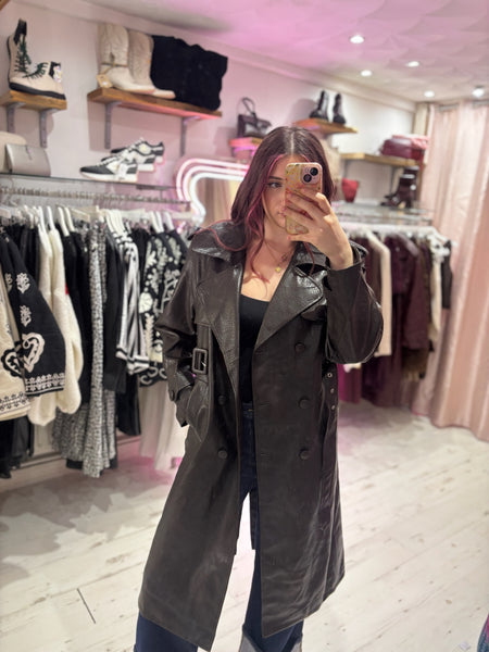 Faux Leather Belted Trench Coat | Deep Brown