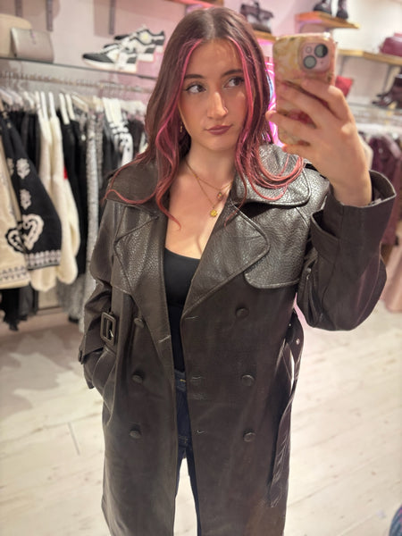 Faux Leather Belted Trench Coat | Deep Brown