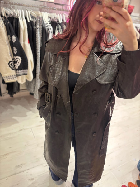 Faux Leather Belted Trench Coat | Deep Brown