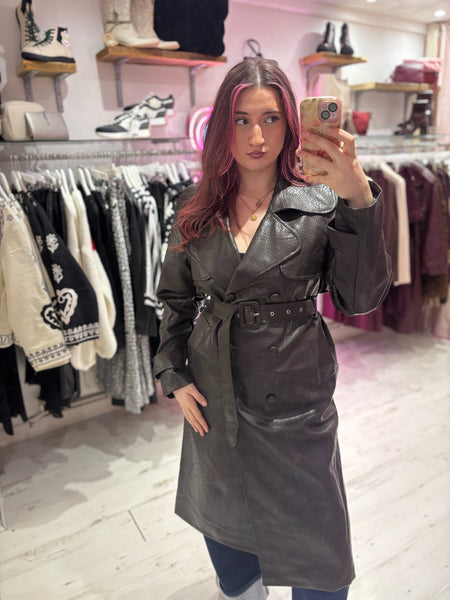 Faux Leather Belted Trench Coat | Deep Brown