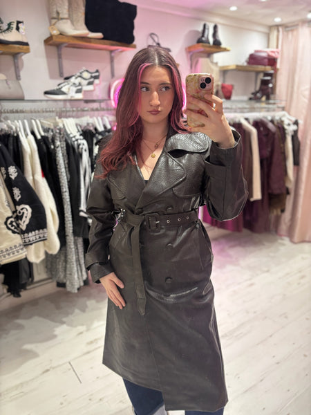 Faux Leather Belted Trench Coat | Deep Brown