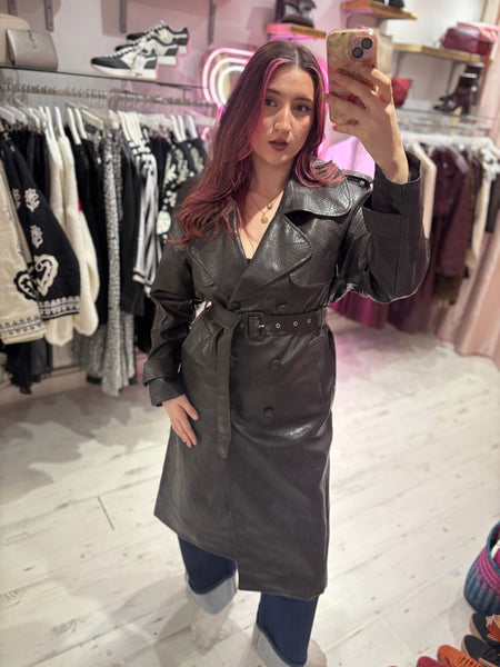 Faux Leather Belted Trench Coat | Deep Brown