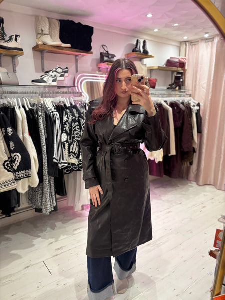 Faux Leather Belted Trench Coat | Deep Brown