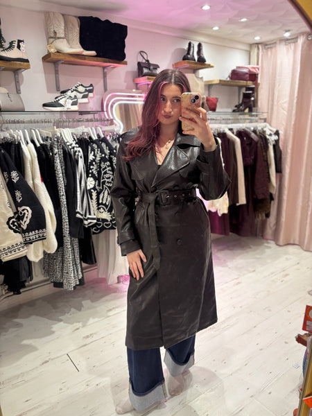 Faux Leather Belted Trench Coat | Deep Brown
