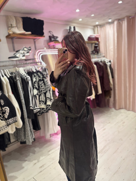 Faux Leather Belted Trench Coat | Deep Brown