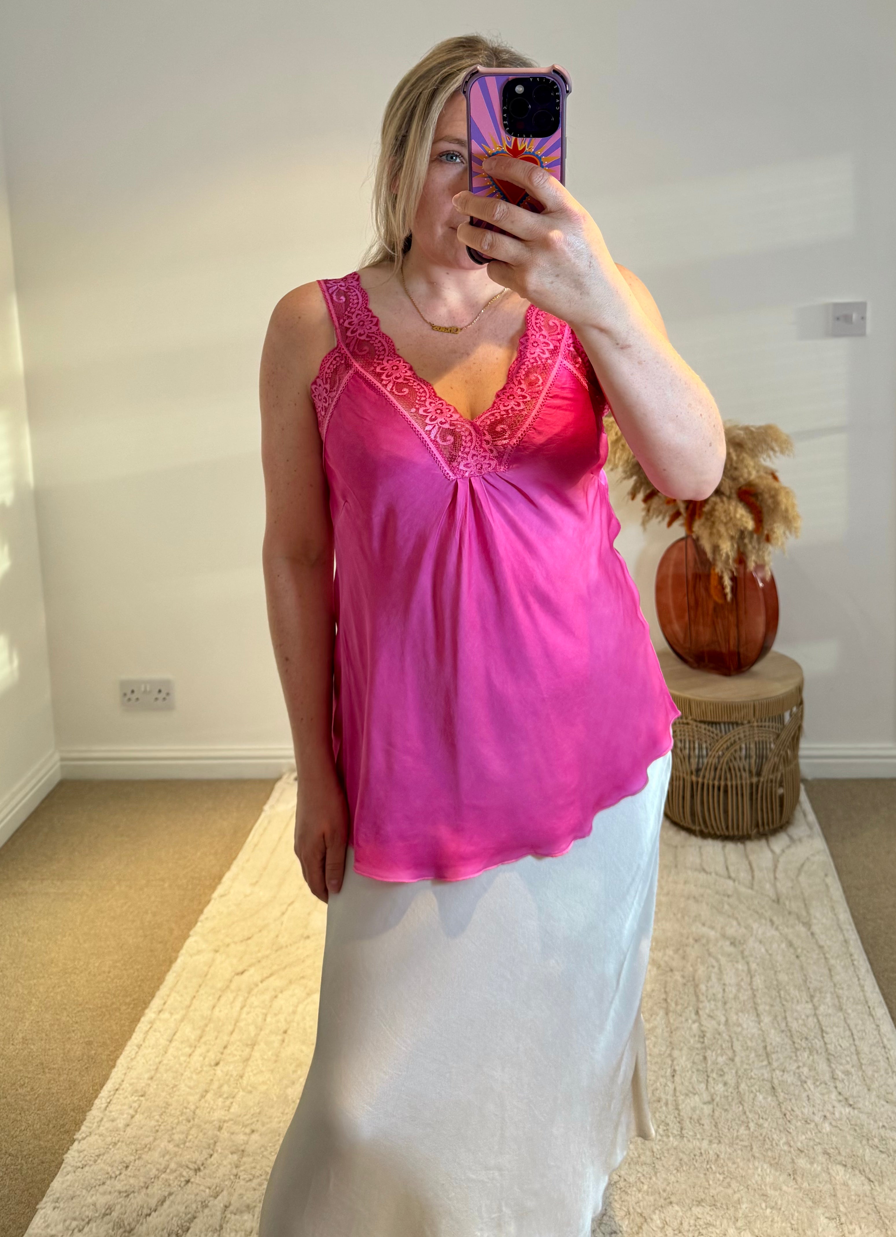 Layla Lace Silky Camisole | Fuchsia Pink