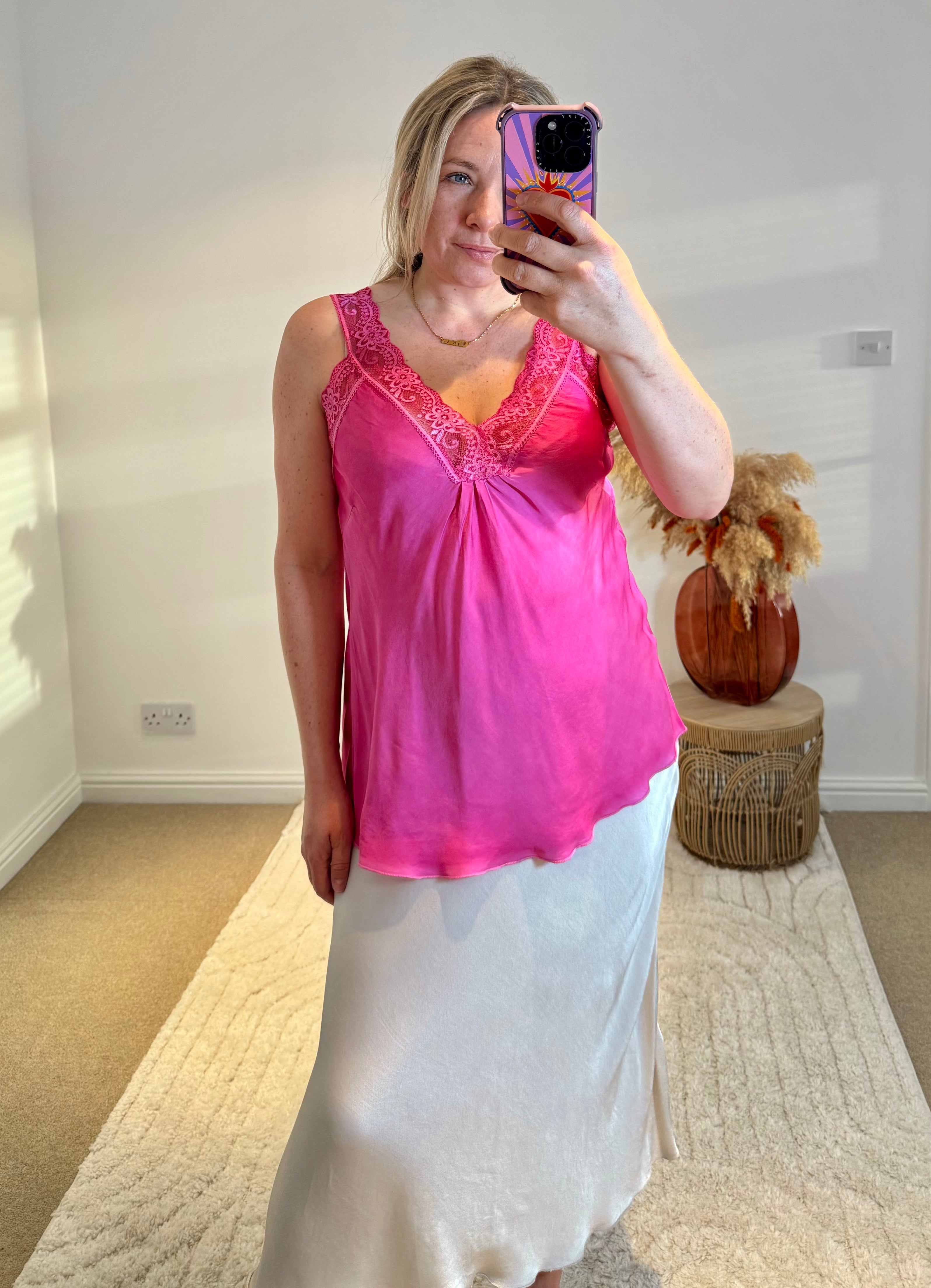 Layla Lace Silky Camisole | Fuchsia Pink
