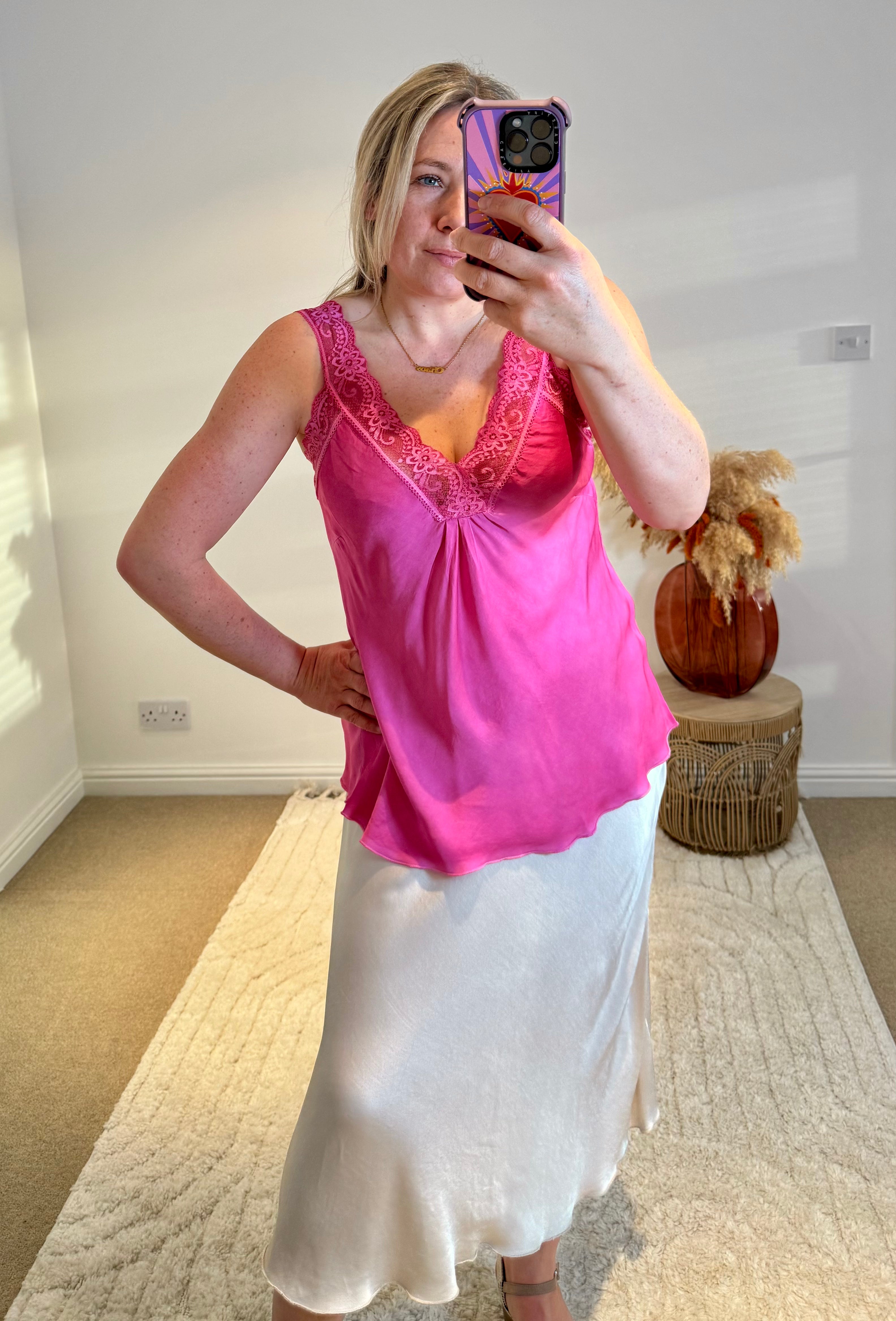 Layla Lace Silky Camisole | Fuchsia Pink