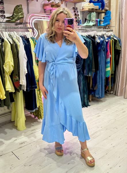 Ruffle Detail Wrap Midi Dress | Sky Blue