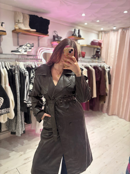 Faux Leather Belted Trench Coat | Deep Brown
