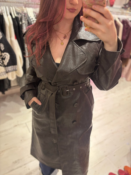 Faux Leather Belted Trench Coat | Deep Brown