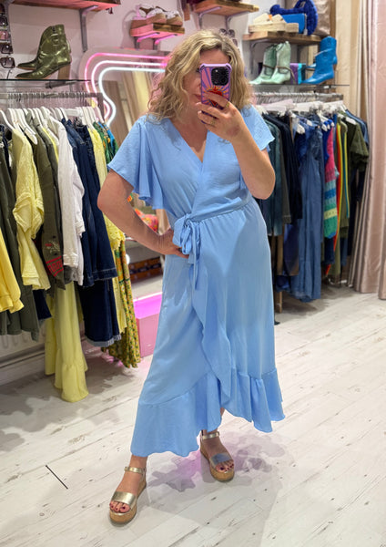 Ruffle Detail Wrap Midi Dress | Sky Blue