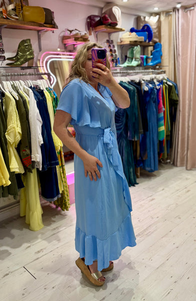 Ruffle Detail Wrap Midi Dress | Sky Blue