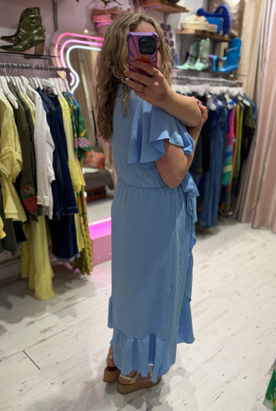 Ruffle Detail Wrap Midi Dress | Sky Blue