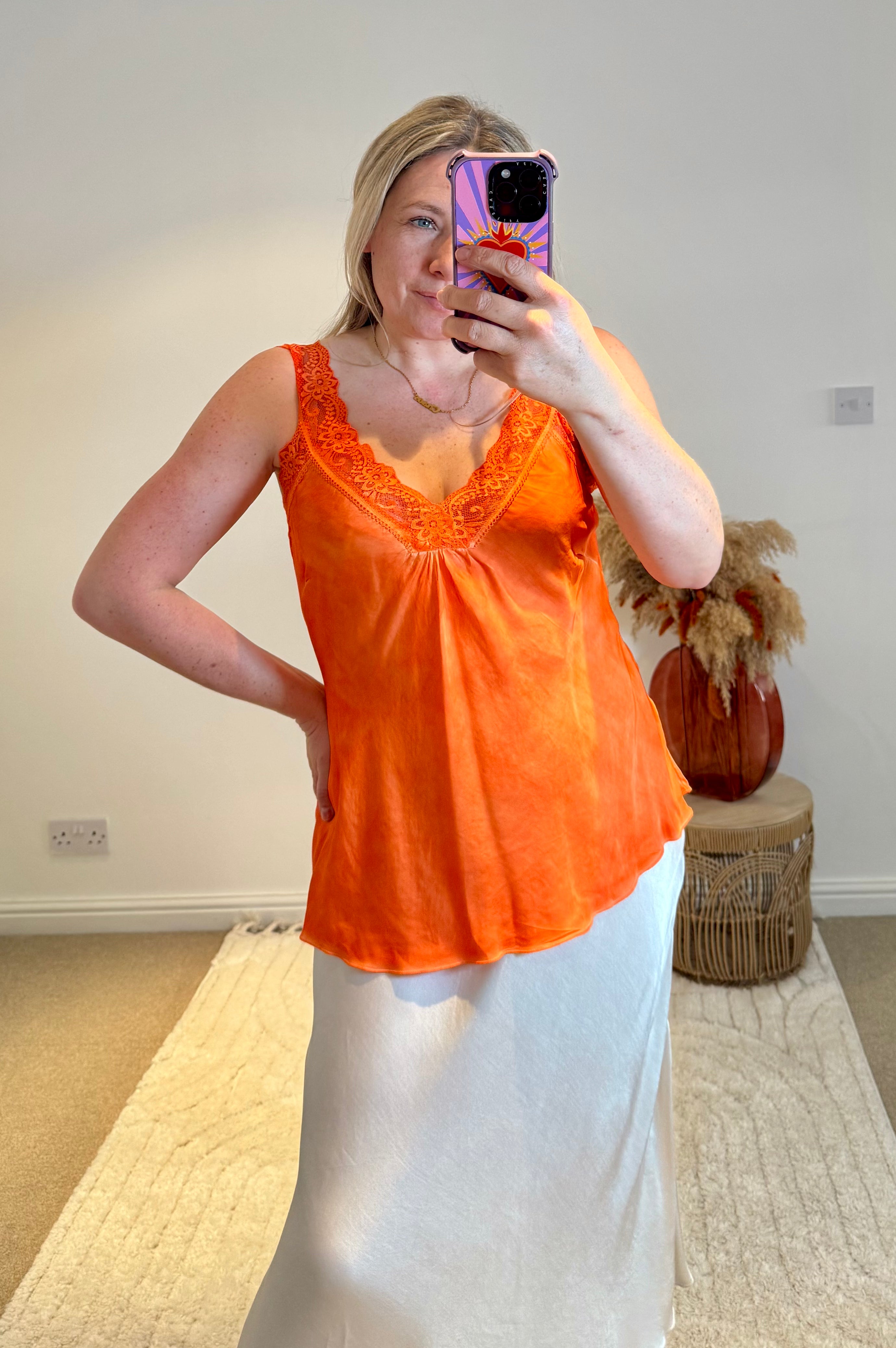 Layla Lace Silky Camisole | Bright Orange