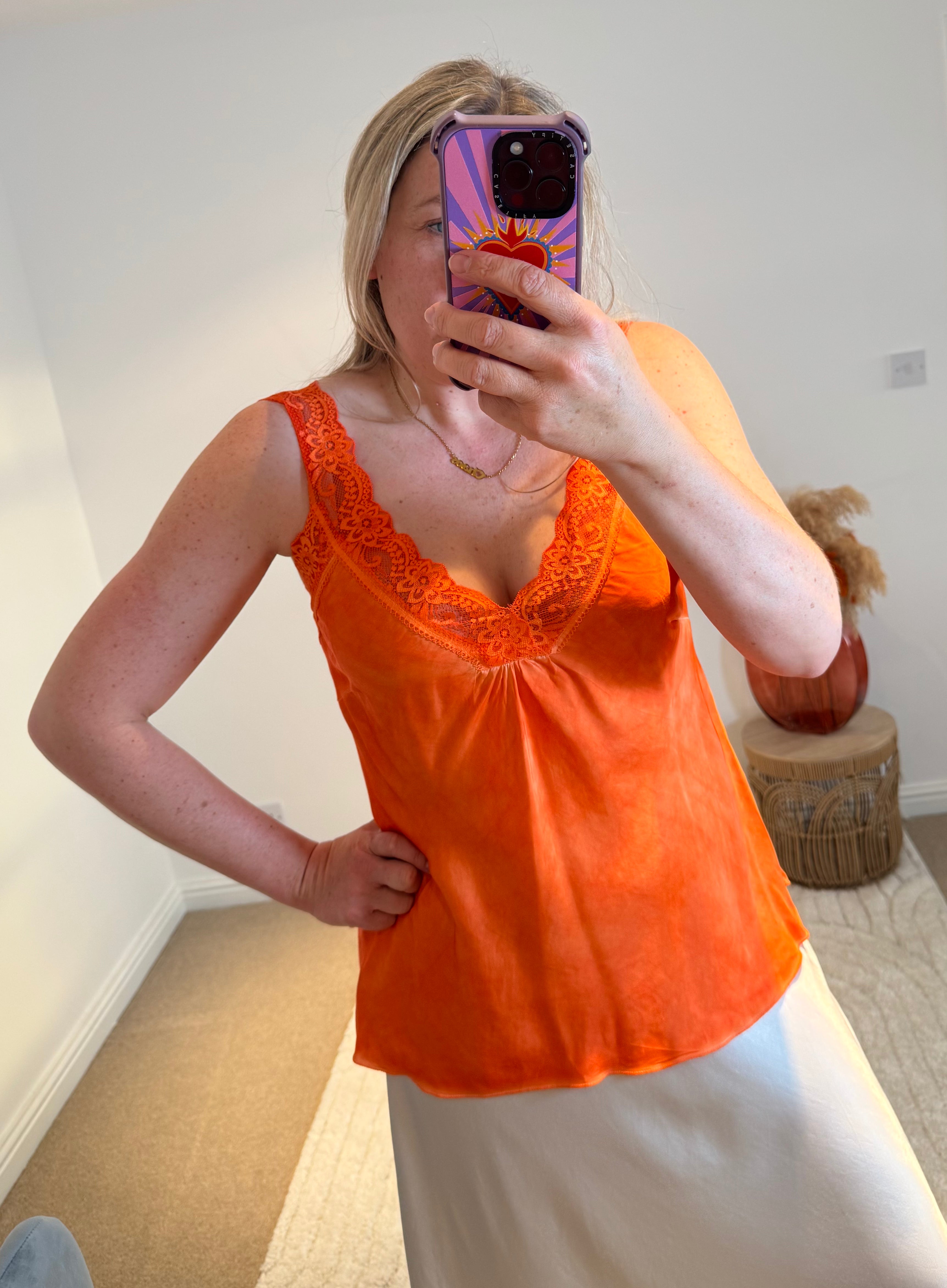 Layla Lace Silky Camisole | Bright Orange