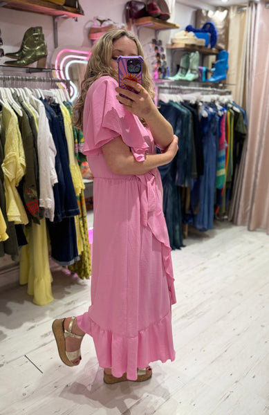 Ruffle Detail Wrap Midi Dress | Pink