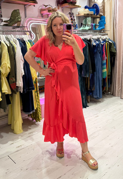 Ruffle Detail Wrap Midi Dress | Coral