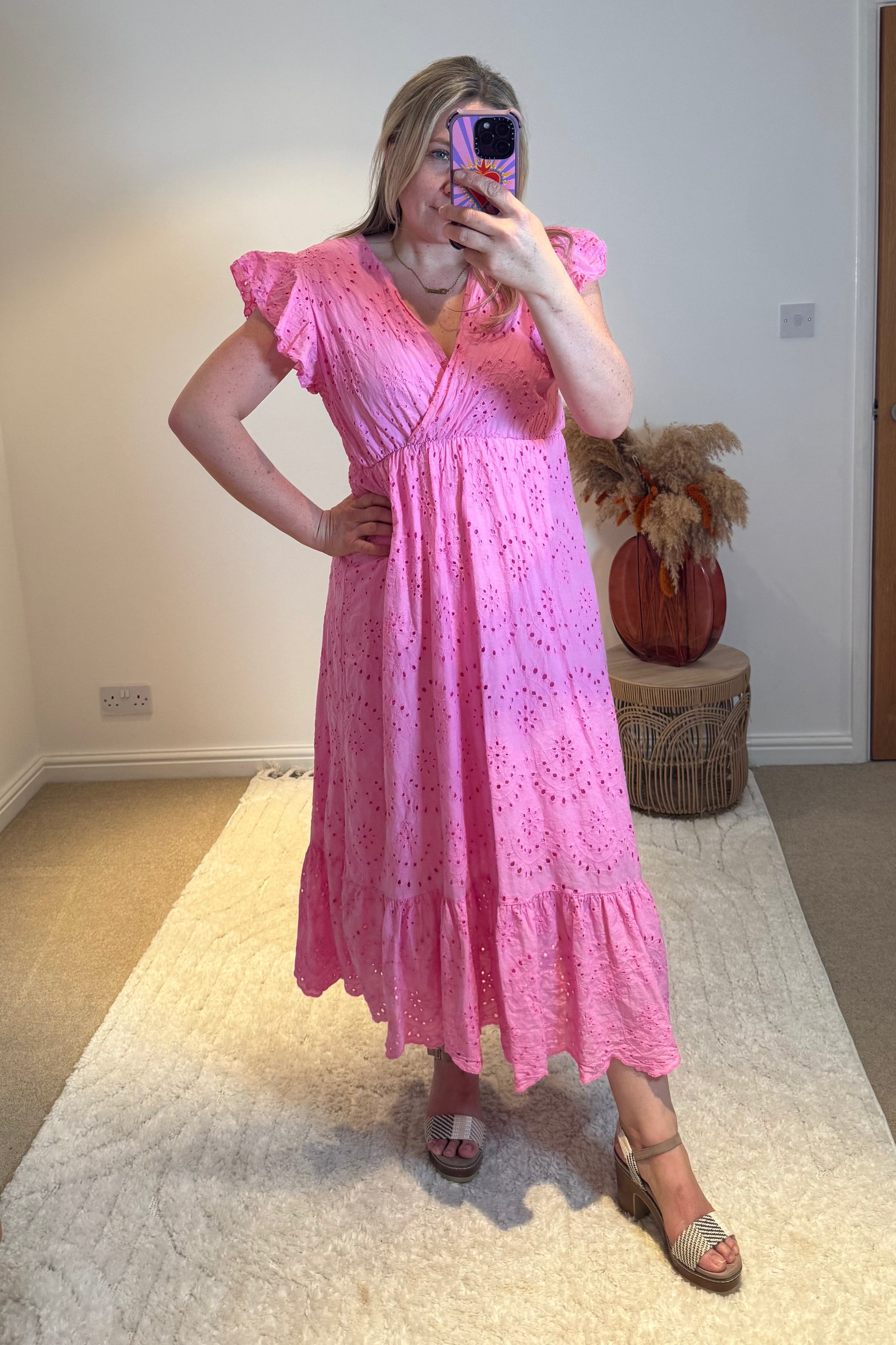 Broderie Anglaise Cotton Midaxi Dress | Pink