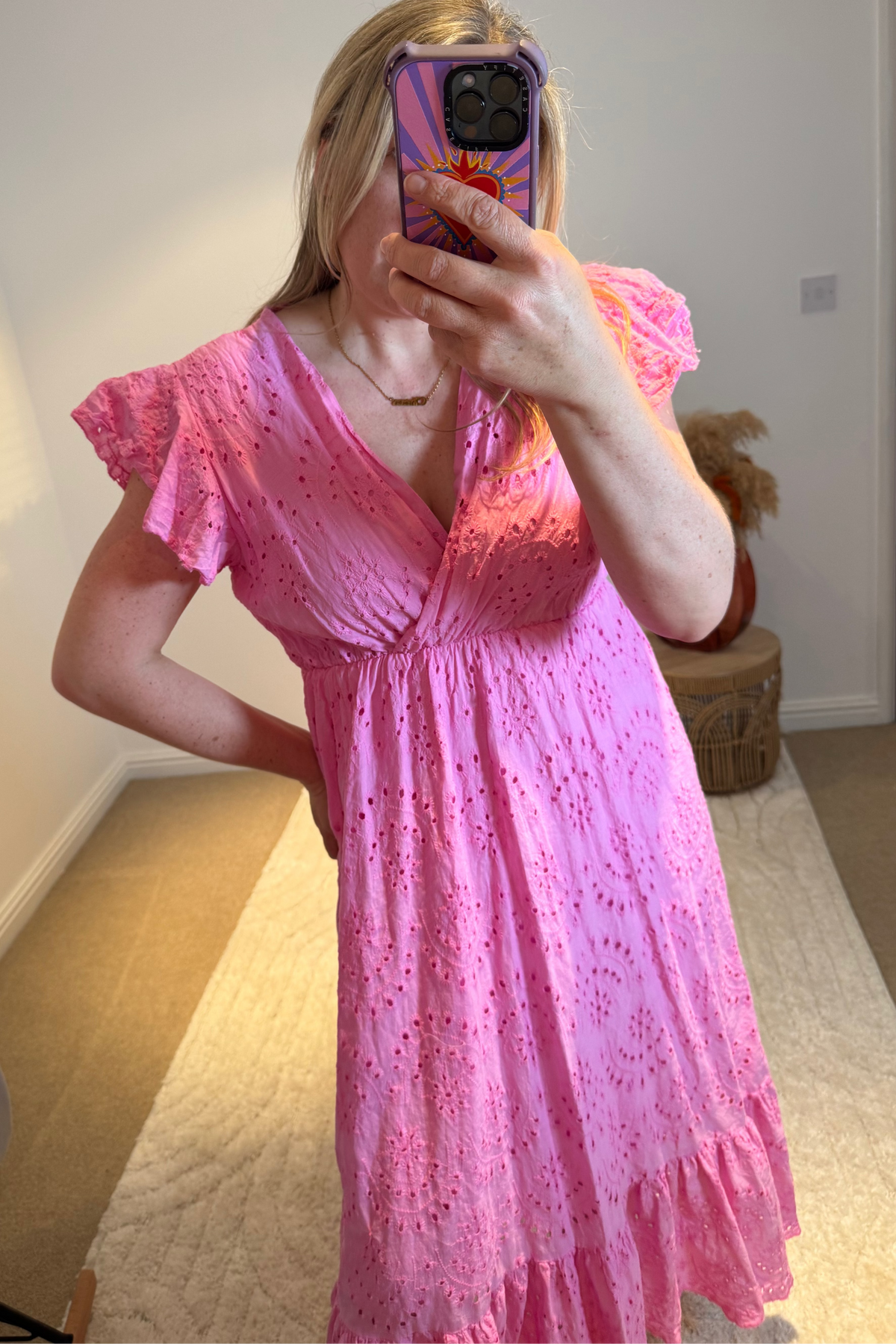 Broderie Anglaise Cotton Midaxi Dress | Pink