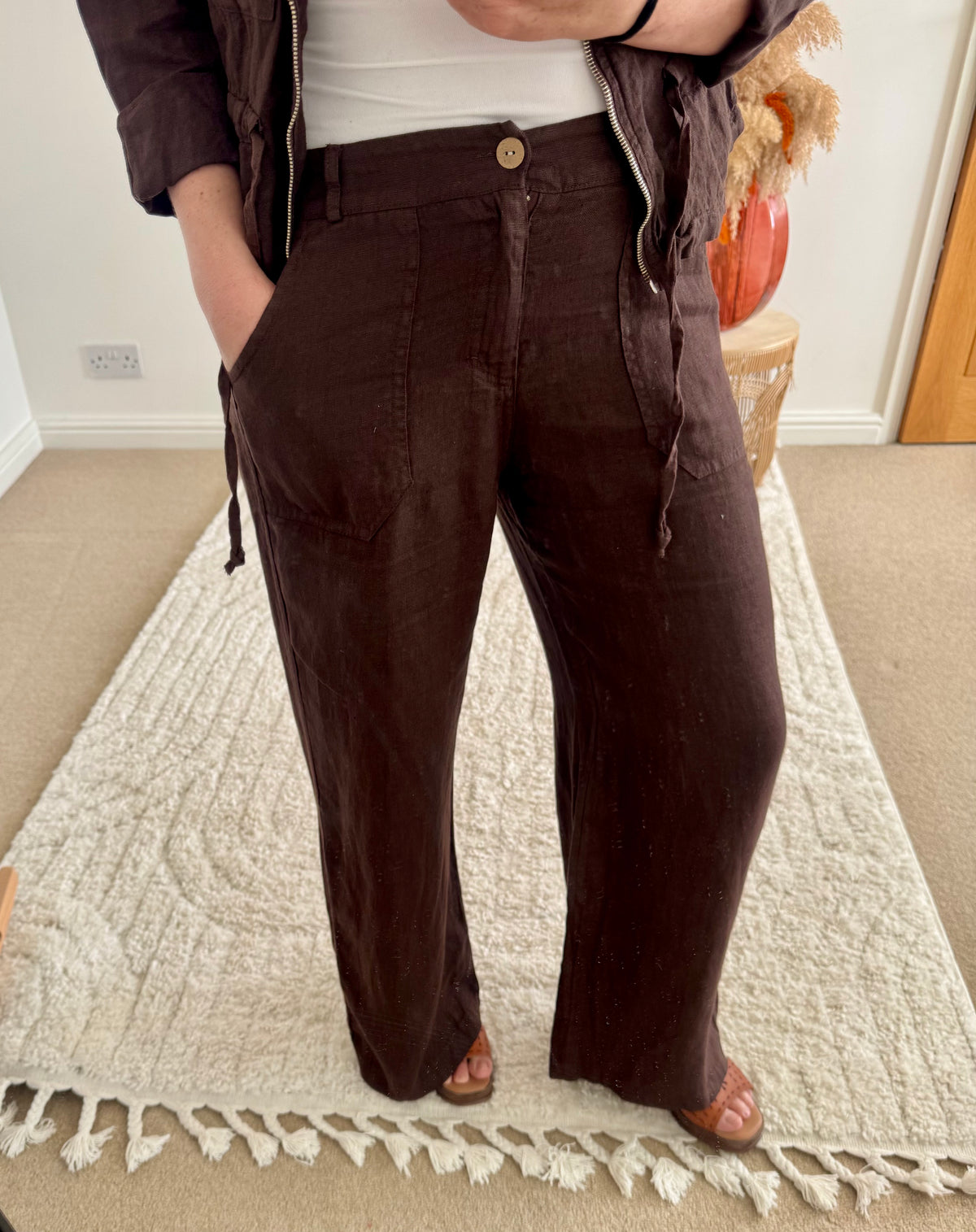 Italian Linen Wide Leg Trousers | Chocolate