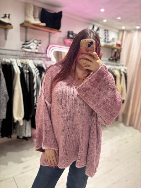 Cosy Oversized V-Neck Jumper | Dusky Pink/Lilac