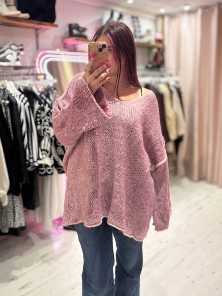 Cosy Oversized V-Neck Jumper | Dusky Pink/Lilac