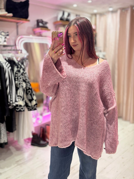 Cosy Oversized V-Neck Jumper | Dusky Pink/Lilac