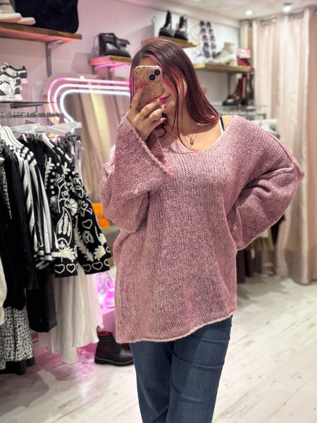 Cosy Oversized V-Neck Jumper | Dusky Pink/Lilac