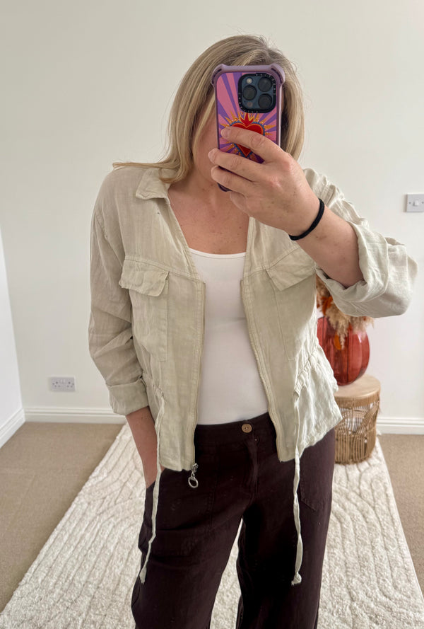 Linen Cropped Zip Safari Jacket | Stone