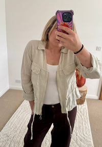 Linen Cropped Zip Safari Jacket | Stone