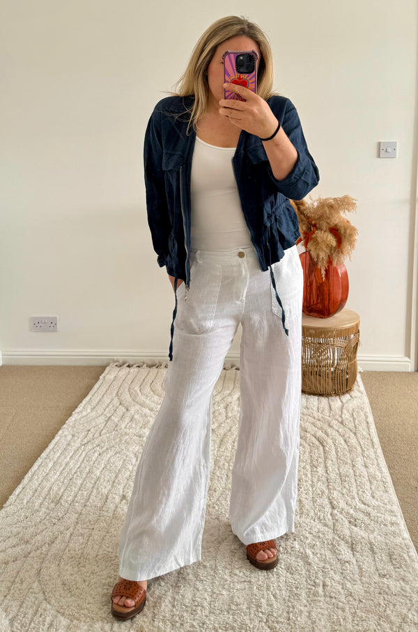 Linen Cropped Zip Safari Jacket | Navy Blue
