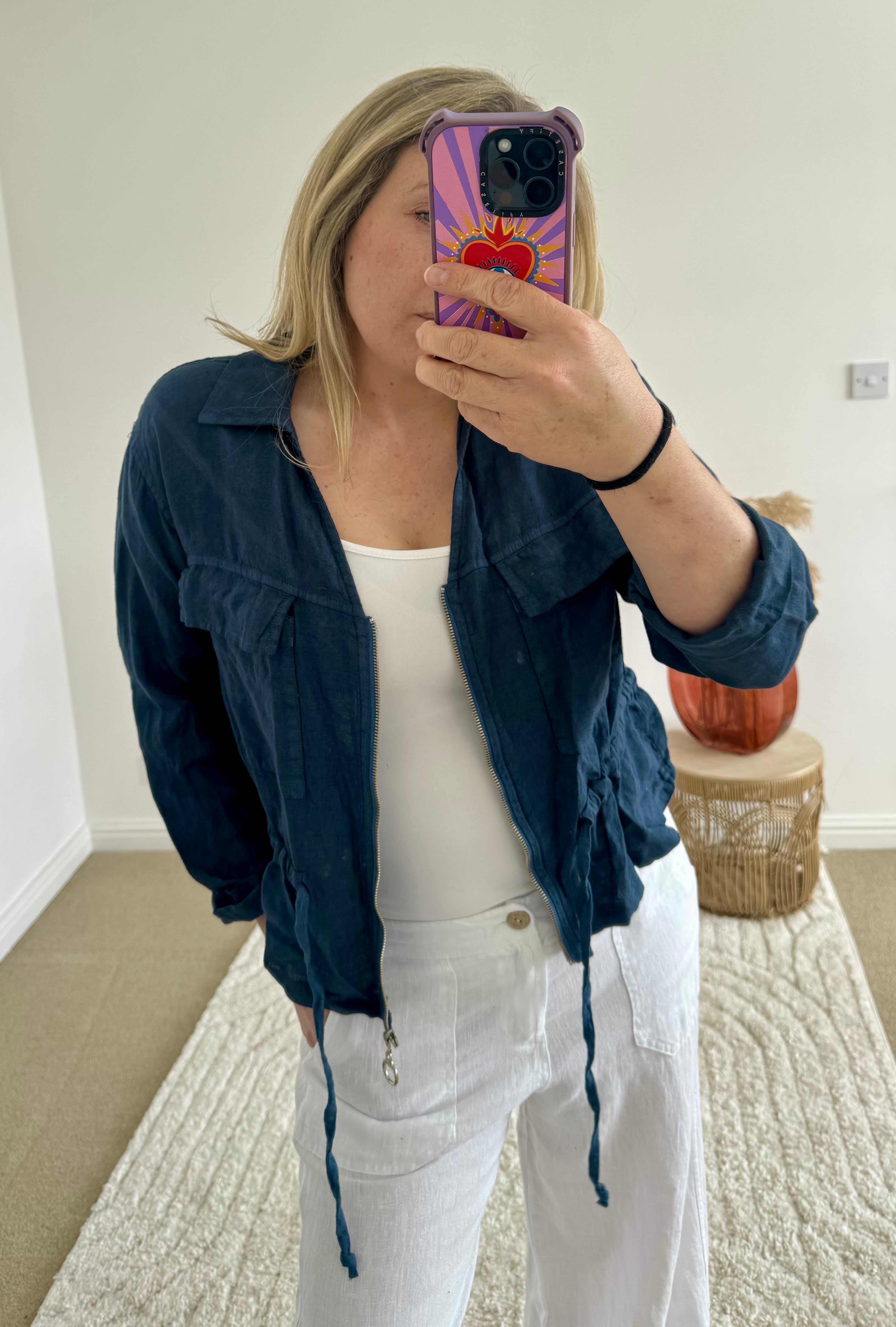 Linen Cropped Zip Safari Jacket | Navy Blue