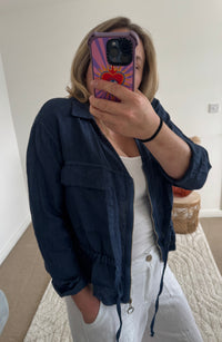 Linen Cropped Zip Safari Jacket | Navy Blue