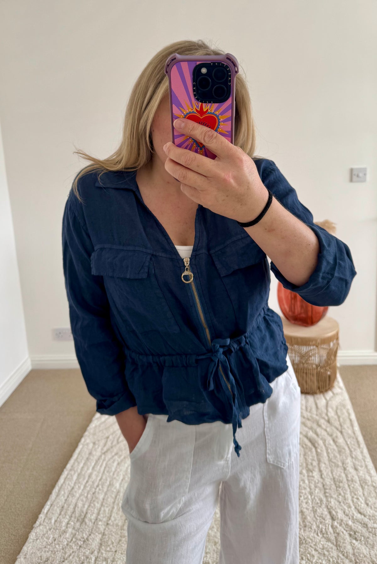 Linen Cropped Zip Safari Jacket | Navy Blue