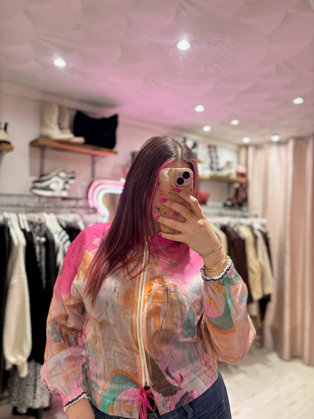 Sheer Abstract Print Bomber Jacket | Pink Multi