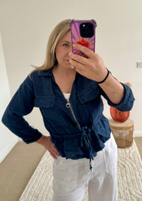 Linen Cropped Zip Safari Jacket | Navy Blue