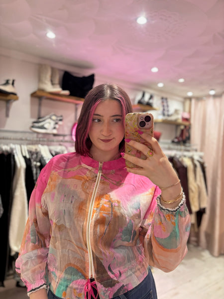 Sheer Abstract Print Bomber Jacket | Pink Multi